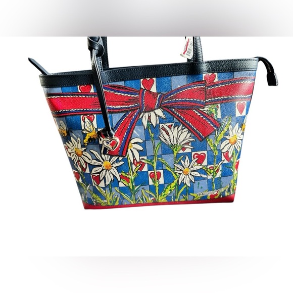 BRIGHTON BEE HAPPY LEATHER TOTE HANDBAG PURSE NAVY BLUE RED BOW HEARTS - Picture 8 of 16